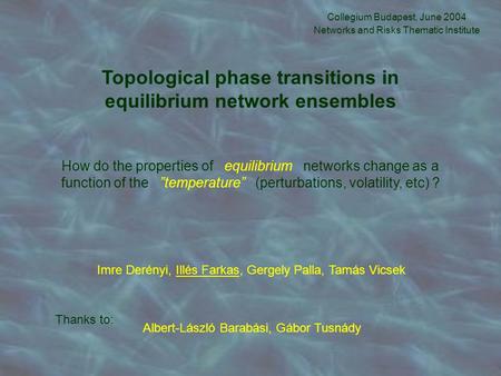 Topological phase transitions in equilibrium network ensembles Collegium Budapest, June 2004 Networks and Risks Thematic Institute How do the properties.