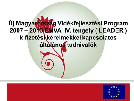 „New Hungary” Rural Development Programme 2007-2013 Új Magyarország Vidékfejlesztési Program 2007 – 2013 EMVA IV. tengely ( LEADER ) kifizetési kérelmekkel.