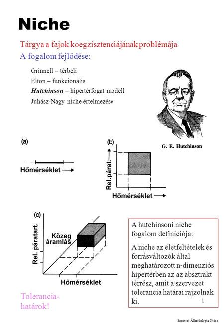 1 Niche Tárgya a fajok koegzisztenciájának problémája A fogalom fejlődése: Grinnell – térbeli Elton – funkcionális Hutchinson – hipertérfogat modell Juhász-Nagy.