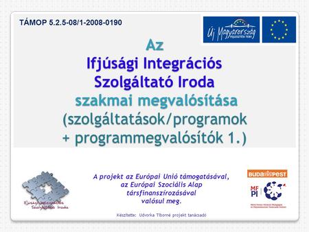 Az Ifjúsági Integrációs Szolgáltató Iroda szakmai megvalósítása (szolgáltatások/programok + programmegvalósítók 1.) TÁMOP 5.2.5-08/1-2008-0190 A projekt.