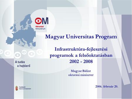 Magyar Universitas Program Magyar Bálint oktatási miniszter 2006. február 20. Infrastruktúra-fejlesztési programok a felsőoktatásban 2002 - 2008.
