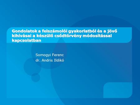 Gondolatok a felszámolói gyakorlatból és a jövő kihívásai a készülő csődtörvény módosítással kapcsolatban Somogyi Ferenc dr. Andris Ildikó.