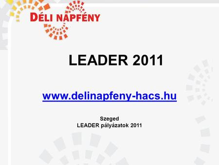 LEADER 2011 www.delinapfeny-hacs.hu Szeged LEADER pályázatok 2011 www.delinapfeny-hacs.hu.