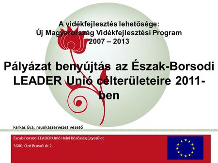 „New Hungary” Rural Development Programme 2007-2013 A vidékfejlesztés lehetősége: Új Magyarország Vidékfejlesztési Program 2007 – 2013 Pályázat benyújtás.