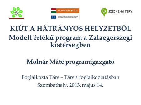 KIÚT A HÁTRÁNYOS HELYZETBŐL Modell értékű program a Zalaegerszegi kistérségben Molnár Máté programigazgató Foglalkozta Társ – Társ a foglalkoztatásban.
