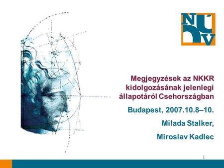 1 Megjegyzések az NKKR kidolgozásának jelenlegi állapotáról Csehországban Budapest, 2007.10.8–10. Milada Stalker, Miroslav Kadlec.