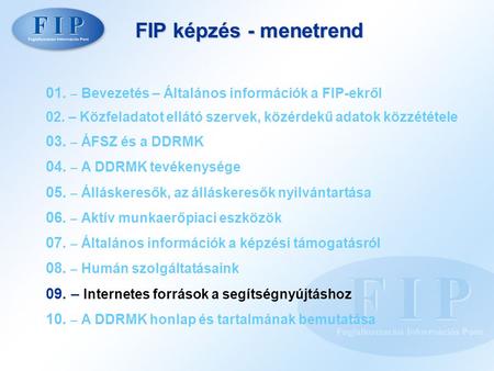 FIP képzés - menetrend 01. – Bevezetés – Általános információk a FIP-ekről 02. – Közfeladatot ellátó szervek, közérdekű adatok közzététele 03. – ÁFSZ és.