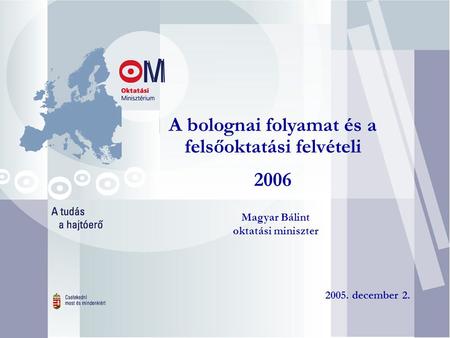 A bolognai folyamat és a felsőoktatási felvételi 2006 Magyar Bálint oktatási miniszter 2005. december 2.