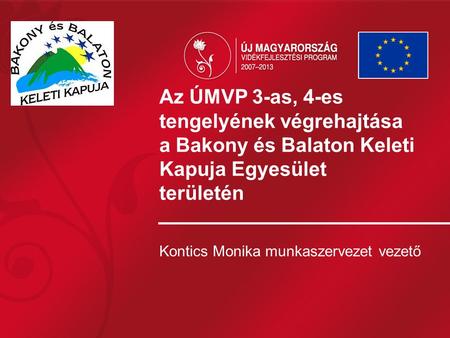 Az ÚMVP 3-as, 4-es tengelyének végrehajtása a Bakony és Balaton Keleti Kapuja Egyesület területén Kontics Monika munkaszervezet vezető.