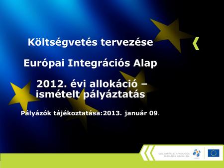 Költségvetés tervezése Európai Integrációs Alap 2012. évi allokáció – ismételt pályáztatás Pályázók tájékoztatása:2013. január 09.