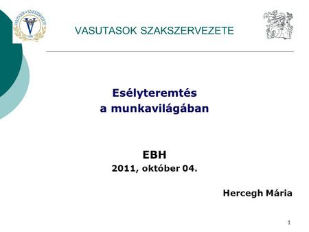 1 VASUTASOK SZAKSZERVEZETE Esélyteremtés a munkavilágában EBH 2011, október 04. Hercegh Mária.
