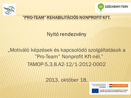 Nyitó rendezvény „Motiváló képzések és kapcsolódó szolgáltatások a ”Pro-Team” Nonprofit Kft-nél.” TAMOP-5.3.8.A2-12/1-2012-0002 2013. október 18.