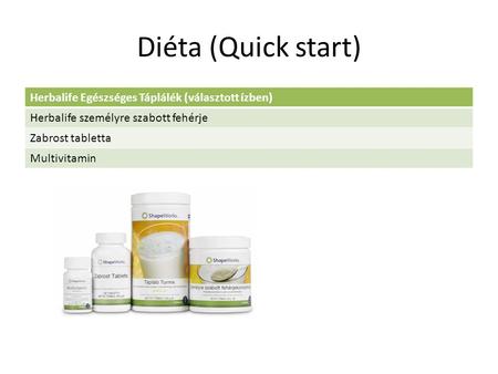 Diéta (Quick start) Herbalife Egészséges Táplálék (választott ízben) Herbalife személyre szabott fehérje Zabrost tabletta Multivitamin.