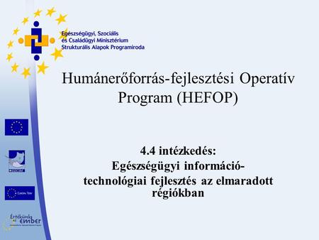 Humánerőforrás-fejlesztési Operatív Program (HEFOP) 4.4 intézkedés: Egészségügyi információ- technológiai fejlesztés az elmaradott régiókban.