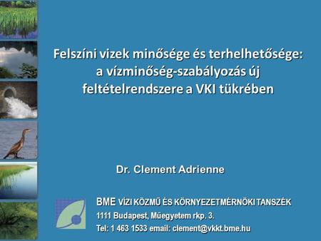 Dr. Clement Adrienne Felszíni vizek minősége és terhelhetősége: a vízminőség-szabályozás új feltételrendszere a VKI tükrében BME VÍZI KÖZMŰ ÉS KÖRNYEZETMÉRNÖKI.