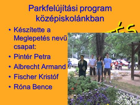 Parkfelújítási program középiskolánkban Készítette a Meglepetés nevű csapat:Készítette a Meglepetés nevű csapat: Pintér PetraPintér Petra Albrecht ArmandAlbrecht.