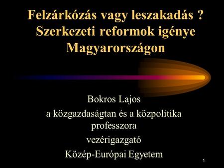 1 Felzárkózás vagy leszakadás ? Szerkezeti reformok igénye Magyarországon Bokros Lajos a közgazdaságtan és a közpolitika professzora vezérigazgató Közép-Európai.