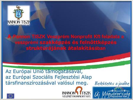 A Pannon TISZK Veszprém Nonprofit Kft feladata a veszprémi szakképzés és felnőttképzés struktúrájának átalakítás ában Az Európai Unió támogatásával, az.