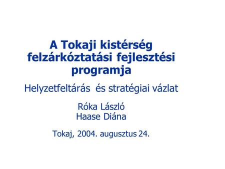 A Tokaji kistérség felzárkóztatási fejlesztési programja Helyzetfeltárás és stratégiai vázlat Róka László Haase Diána Tokaj, 2004. augusztus 24.