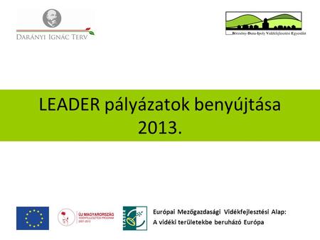 LEADER pályázatok benyújtása 2013. Európai Mezőgazdasági Vidékfejlesztési Alap: A vidéki területekbe beruházó Európa.