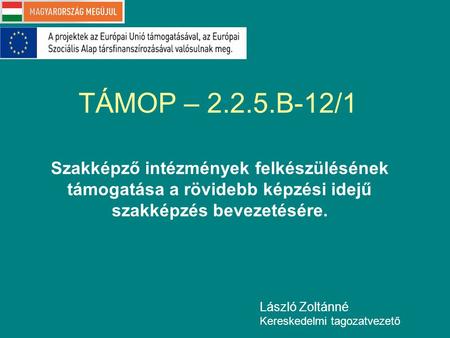 TÁMOP – 2.2.5.B-12/1 Szakképző intézmények felkészülésének támogatása a rövidebb képzési idejű szakképzés bevezetésére. László Zoltánné Kereskedelmi tagozatvezető.