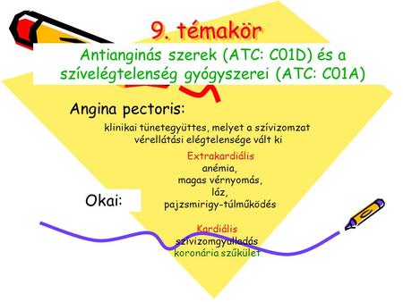 9. témakör Antianginás szerek (ATC: C01D) és a szívelégtelenség gyógyszerei (ATC: C01A) Angina pectoris: klinikai tünetegyüttes, melyet a szívizomzat vérellátási.