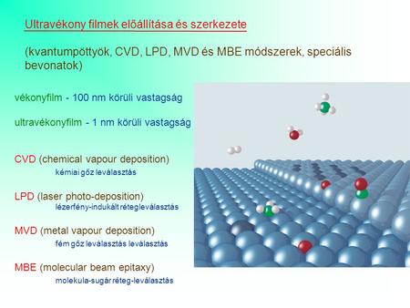 Vékonyfilm - 100 nm körüli vastagság ultravékonyfilm - 1 nm körüli vastagság CVD (chemical vapour deposition) kémiai gőz leválasztás LPD (laser photo-deposition)