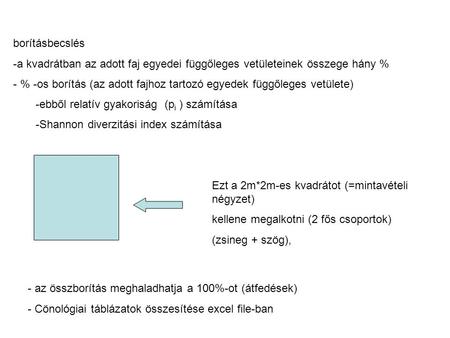 Borításbecslés a kvadrátban az adott faj egyedei függőleges vetületeinek összege hány % % -os borítás (az adott fajhoz tartozó egyedek függőleges vetülete)
