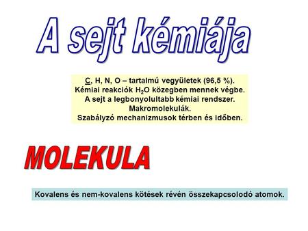 A sejt kémiája MOLEKULA C, H, N, O – tartalmú vegyületek (96,5 %).
