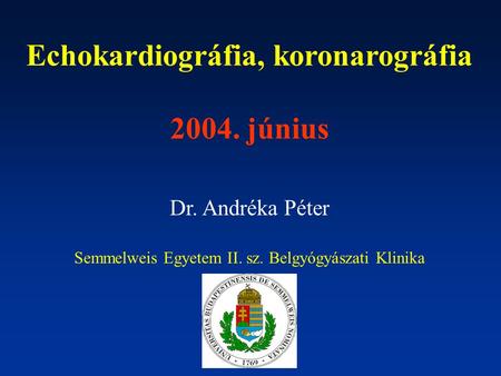 Echokardiográfia, koronarográfia 2004. június Dr. Andréka Péter Semmelweis Egyetem II. sz. Belgyógyászati Klinika.