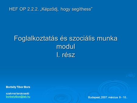Borbély Tibor Bors szakmai tanácsadó Budapest, 2007. március 9 - 10.. HEF OP 2.2.2. „Képződj, hogy segíthess” Foglalkoztatás és szociális.