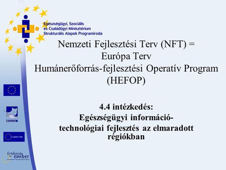 Nemzeti Fejlesztési Terv (NFT) = Európa Terv Humánerőforrás-fejlesztési Operatív Program (HEFOP) 4.4 intézkedés: Egészségügyi információ- technológiai.