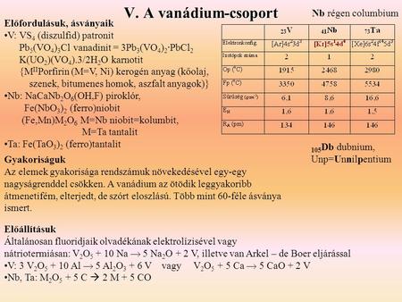 V. A vanádium-csoport Nb régen columbium Előfordulásuk, ásványaik