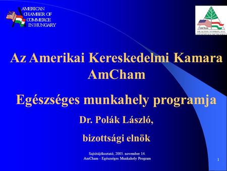 Sajtótájékoztató, 2005. november 14. AmCham - Egészséges Munkahely Program 1 Az Amerikai Kereskedelmi Kamara AmCham Egészséges munkahely programja Dr.