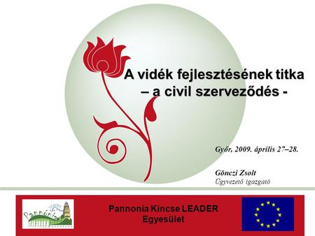 „New Hungary” Rural Development Programme 2007-2013 Győr, 2009. április 27–28. Gönczi Zsolt Ügyvezető igazgató A vidék fejlesztésének titka – a civil szerveződés.