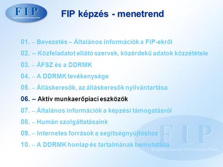 FIP képzés - menetrend 01. – Bevezetés – Általános információk a FIP-ekről 02. – Közfeladatot ellátó szervek, közérdekű adatok közzététele 03. – ÁFSZ és.