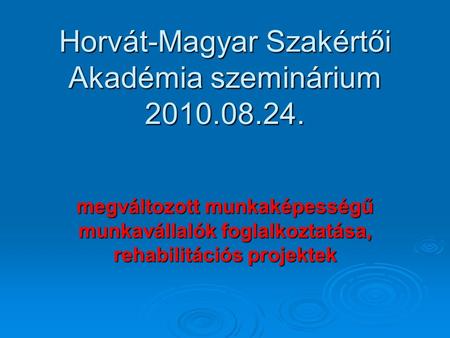 Horvát-Magyar Szakértői Akadémia szeminárium 2010.08.24. megváltozott munkaképességű munkavállalók foglalkoztatása, rehabilitációs projektek.