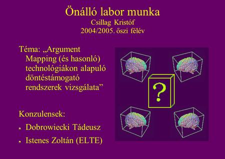 Önálló labor munka Csillag Kristóf 2004/2005. őszi félév Téma: „Argument Mapping (és hasonló) technológiákon alapuló döntéstámogató rendszerek vizsgálata”