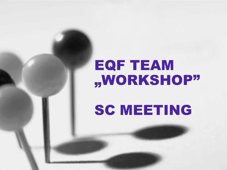 EQF TEAM „WORKSHOP” SC MEETING. EQF Minden partner bemutatta a saját képzési rendszerét Megegyezés: EQF csapatvezetők tartják ezek után a kapcsolatot.