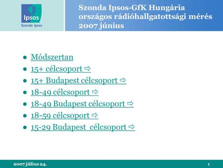 2007 július 24.1 Szonda Ipsos-GfK Hungária országos rádióhallgatottsági mérés 2007 június ●MódszertanMódszertan ●15+ célcsoport 15+ célcsoport  ●15+