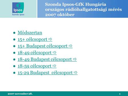 2007 november 28.1 Szonda Ipsos-GfK Hungária országos rádióhallgatottsági mérés 2007 október ●MódszertanMódszertan ●15+ célcsoport 15+ célcsoport  ●15+