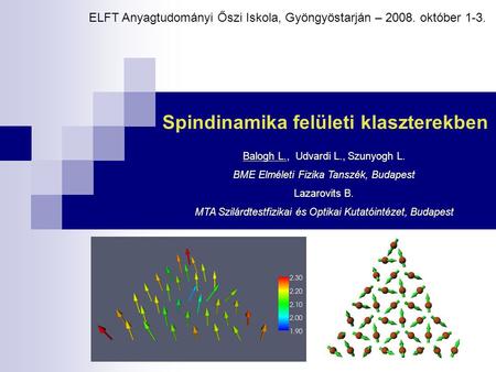 Spindinamika felületi klaszterekben Balogh L., Udvardi L., Szunyogh L. BME Elméleti Fizika Tanszék, Budapest Lazarovits B. MTA Szilárdtestfizikai és Optikai.