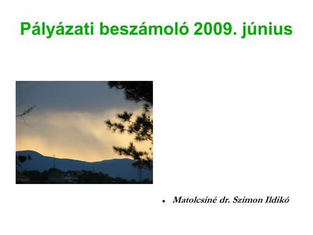 Pályázati beszámoló 2009. június Matolcsiné dr. Szimon Ildikó.