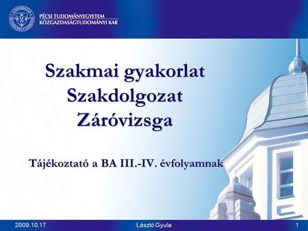 2009.10.17László Gyula1 Szakmai gyakorlat Szakdolgozat Záróvizsga Tájékoztató a BA III.-IV. évfolyamnak.