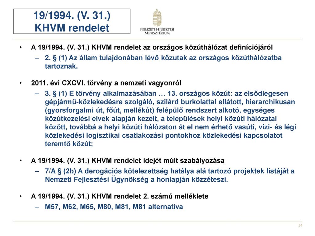 19/1994. (V. 31.) KHVM rendelet A 19/1994. (V. 31.) KHVM rendelet az országos közúthálózat definíciójáról.