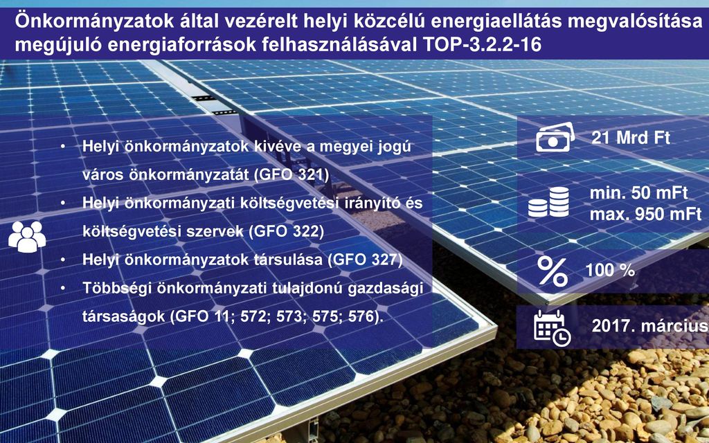 Önkormányzatok által vezérelt helyi közcélú energiaellátás megvalósítása megújuló energiaforrások felhasználásával TOP