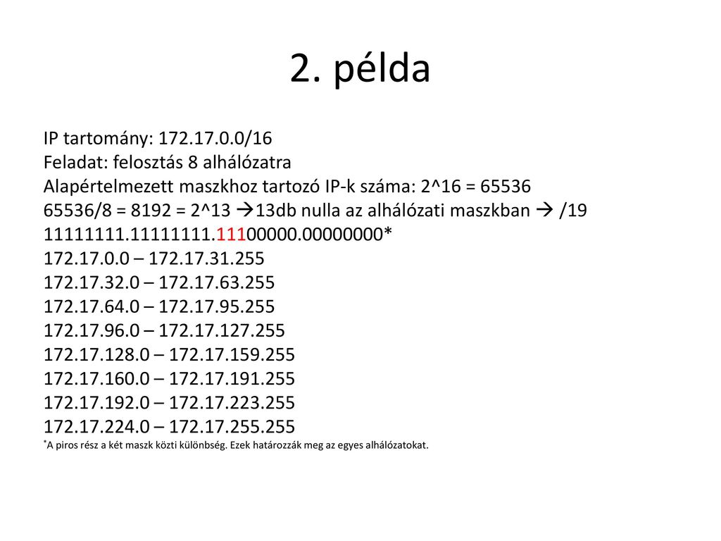 2. példa IP tartomány: /16 Feladat: felosztás 8 alhálózatra