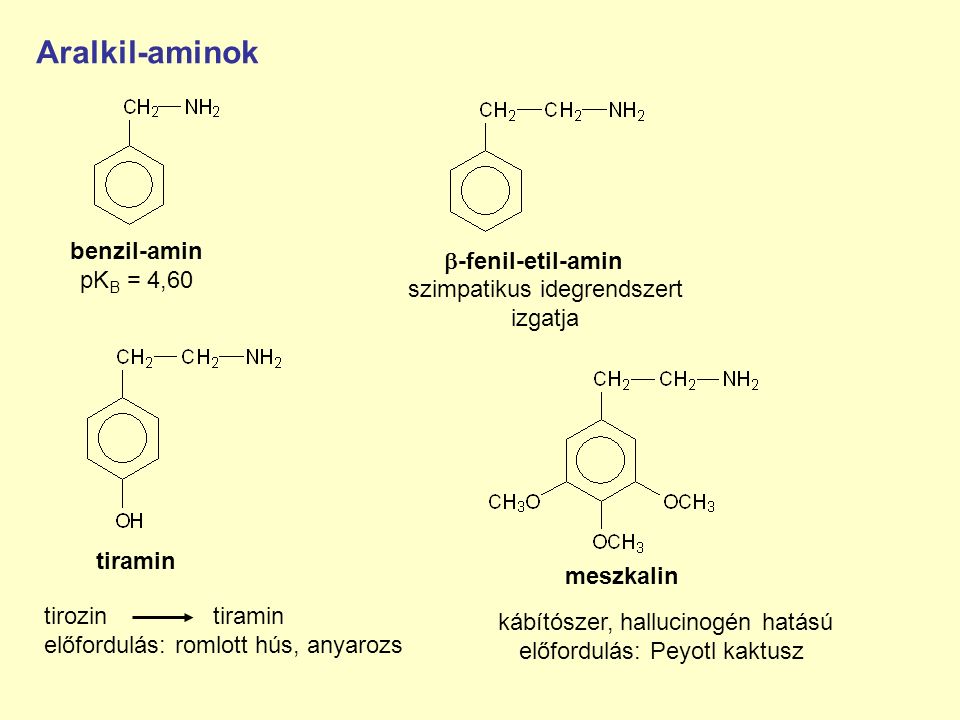 Aralkil-aminok benzil-amin -fenil-etil-amin pKB = 4,60