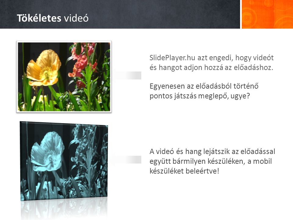 Tökéletes videó SlidePlayer.hu azt engedi, hogy videót és hangot adjon hozzá az előadáshoz.