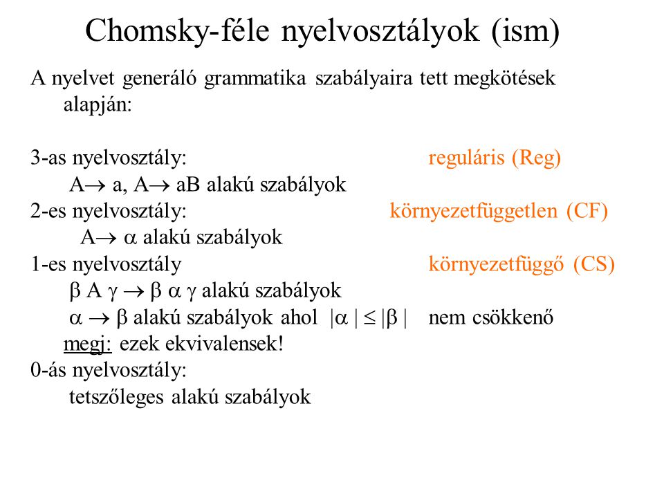 Chomsky-féle nyelvosztályok (ism)